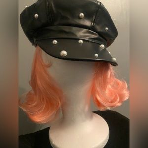 Black vegan leather biker cap with pearl details